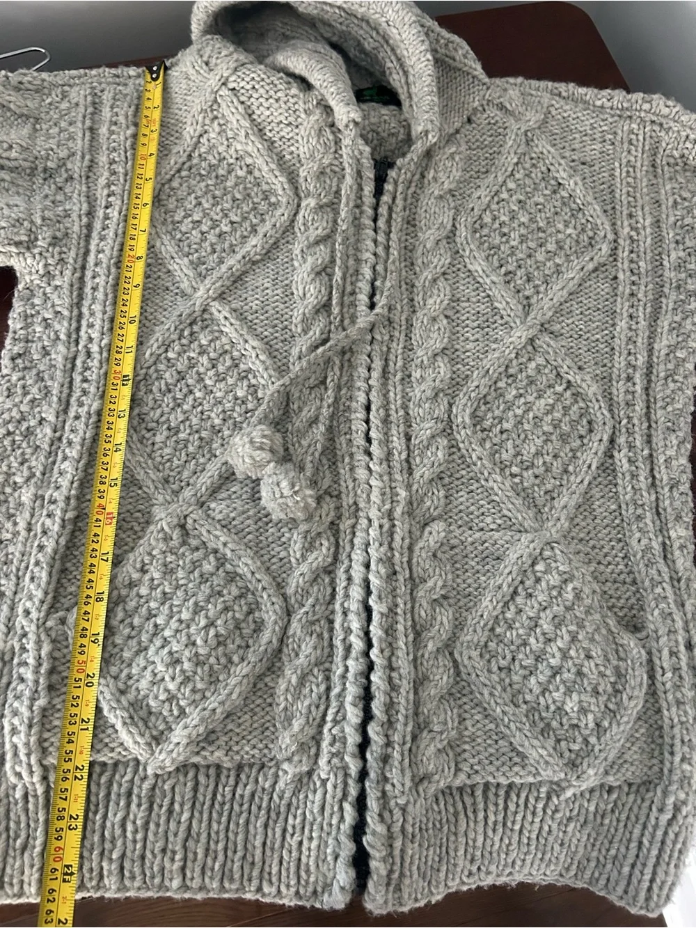 Wool Hooded Cable Knit Full Zip Cardigan Sweater Light Grey Made Ecuador Unisex